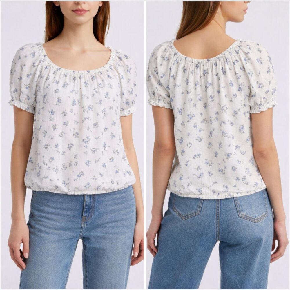 Tendenze Blue Floral Puff Sleeve Silk Blouse Cotton Lining Sz L Cottage Romantic